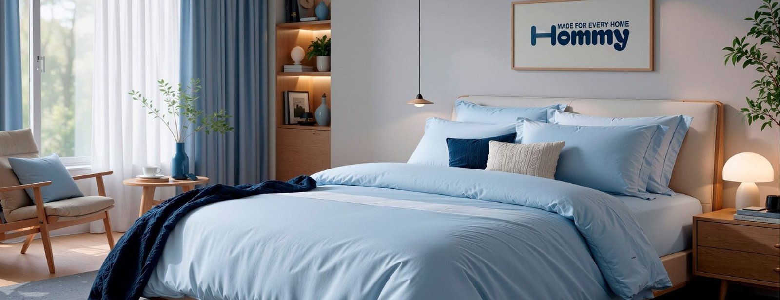 A calm Hommy bedroom in soft blue bedding
