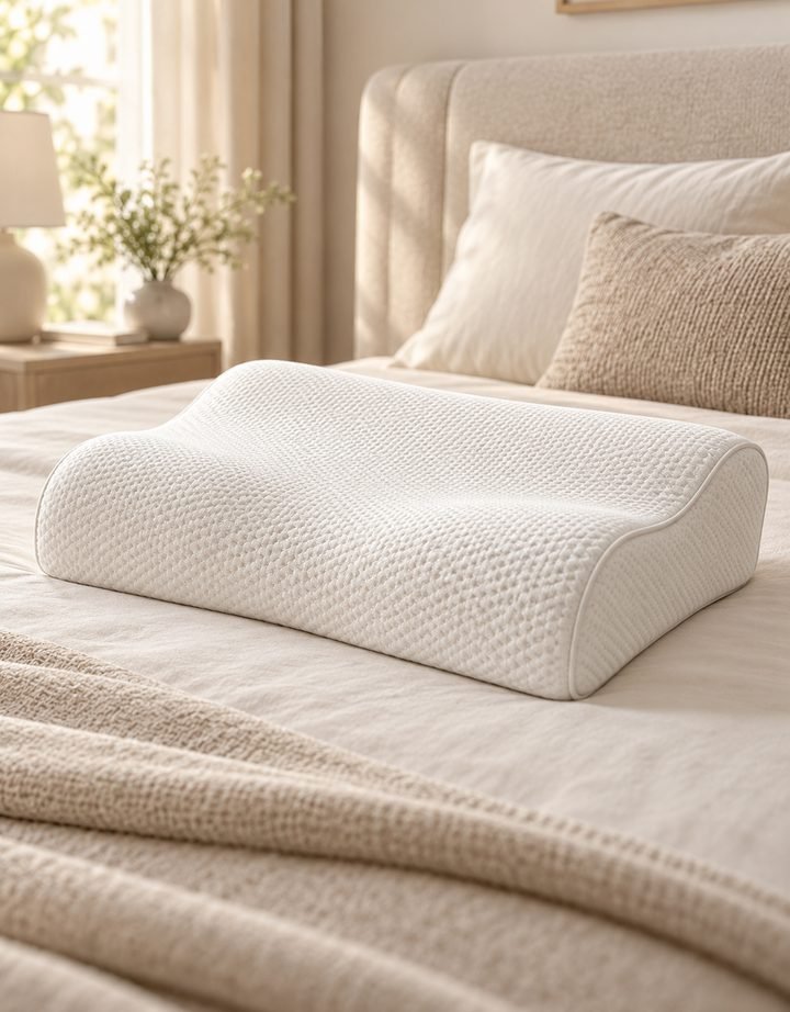 Memory latex contour pillow on a bed