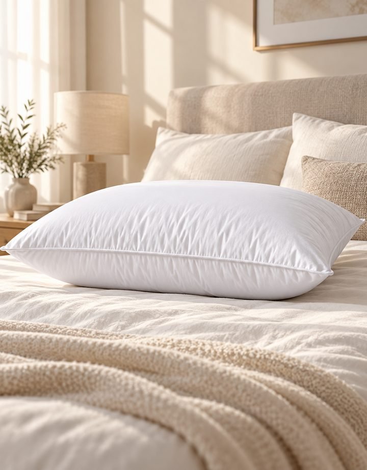 White pillows on a bed with a knit throw
