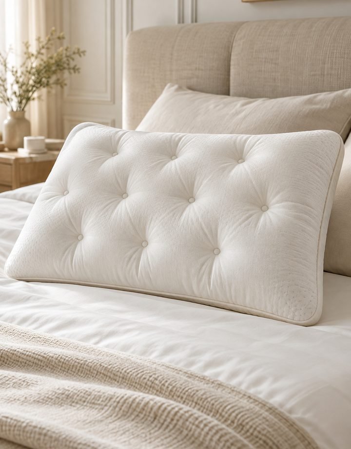 Tufted latex pillow on a made bed